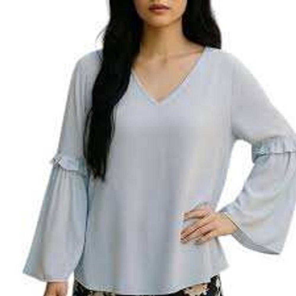 LOFT Light Blue V-Neck‎ Top Blouse Flounce Bell Ruffle Sleeves - Size S